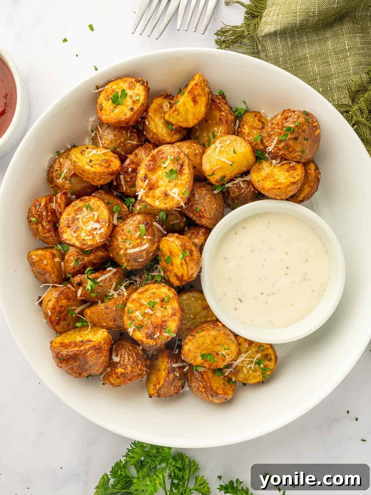 A vibrant platter of crispy air-fried red potatoes, seasoned to perfection, served alongside a creamy dipping sauce.