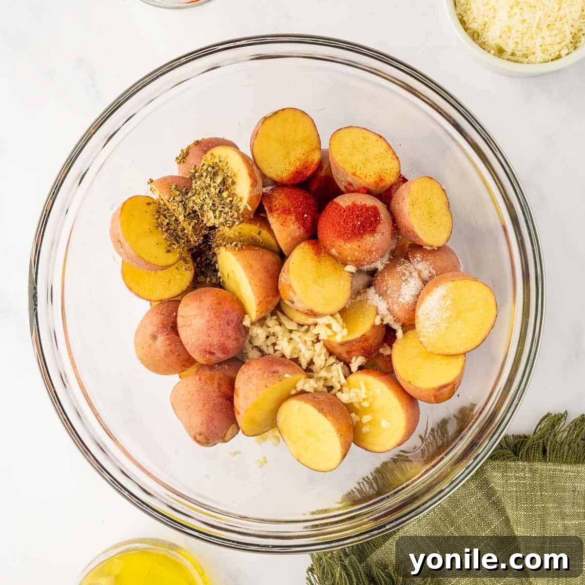 Freshly washed and halved red potatoes are tossed with a blend of savory seasonings in a mixing bowl, ready for the air fryer.