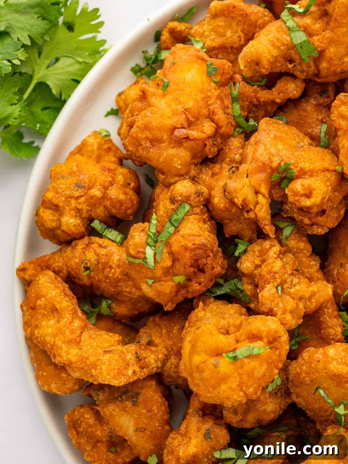 A close-up view of golden-brown chicken pakora pieces on a serving platter, showing their crispy texture and delicious coating.