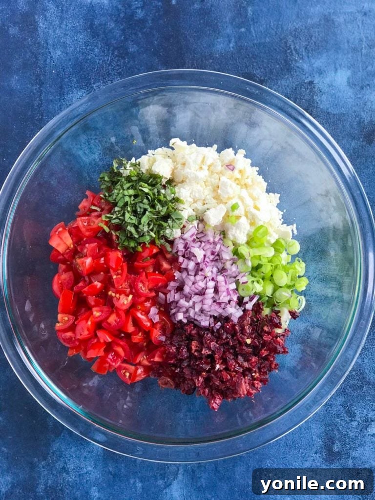 Feta Bruschetta Ingredients Feta Bruschetta, showcasing fresh ingredients and vibrant colors.