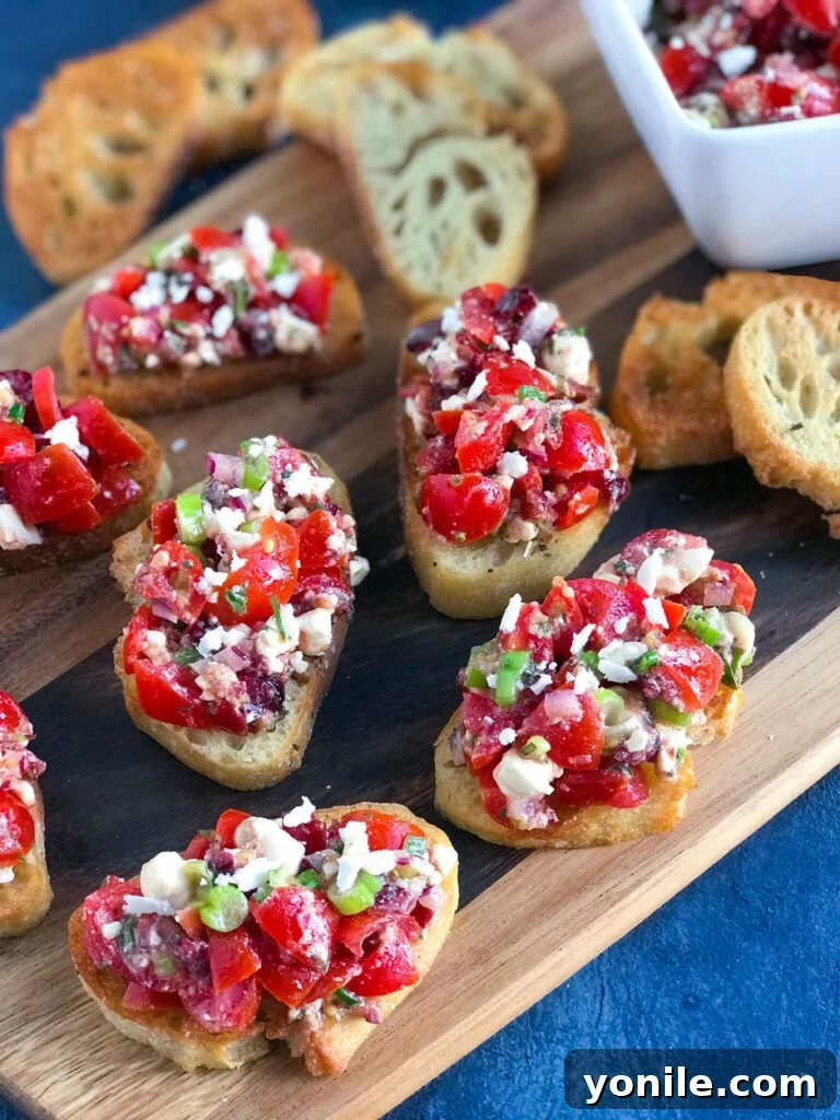 Feta Bruschetta for Parties Feta Bruschetta served chilled on toasted crostini.