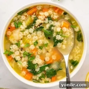 A spoon rests in a bowl of pastina soup.