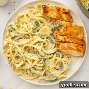 A plate of cheesy pasta served with sliced chicken breast.