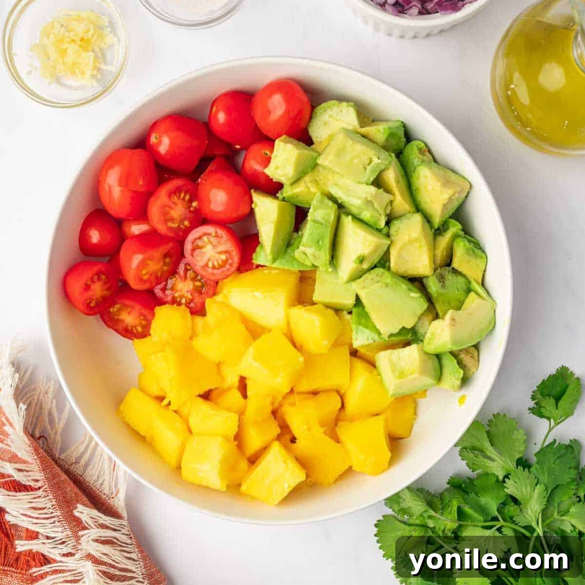 Diced avocado, mangoes and tomatoes in a bowl.