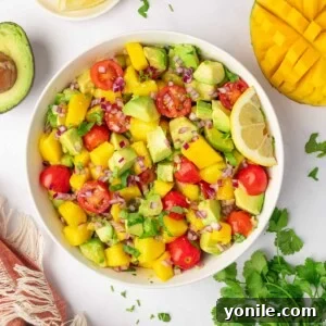 Top down shot of avocado mango salad.