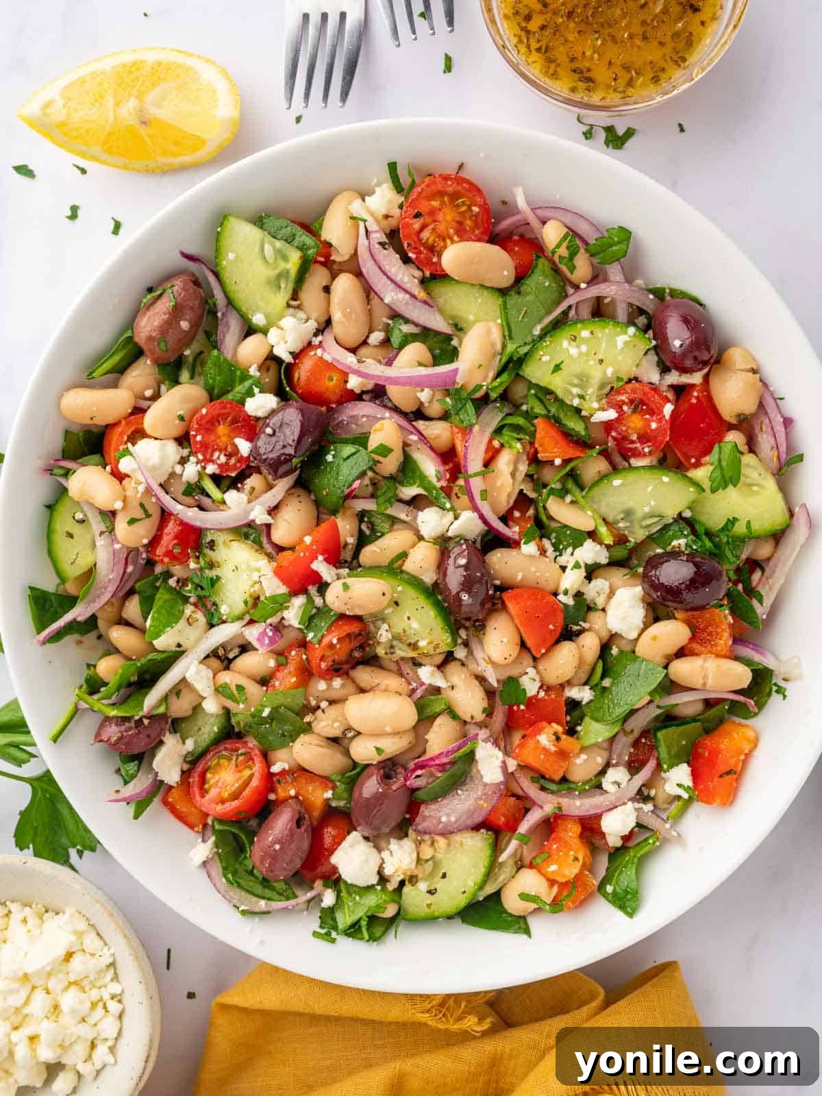 Fresh Greek White Bean Salad serving in a bowl. A beautifully arranged salad with white beans, green spinach, red tomatoes, and olives in a clean white bowl, ready to be enjoyed.