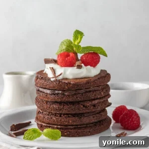 A stack of chocolate protein pancakes on a white plate with berries and syrup.