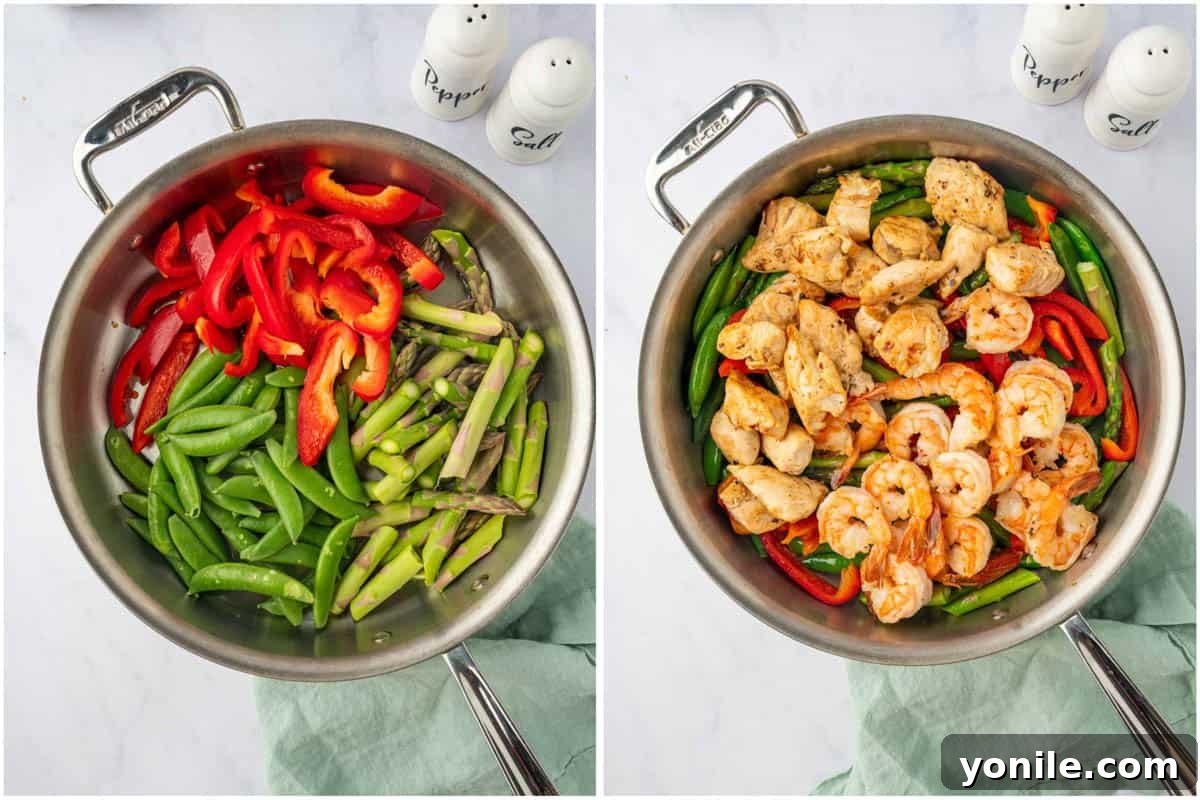 Sizzling Surf and Turf Stir-Fry 6 Three sequential images depicting the stir-frying process: first, cooking crisp vegetables like bell peppers, asparagus, and snow peas; second, adding the cooked chicken and shrimp back into the skillet; and third, tossing everything together with the stir fry sauce.