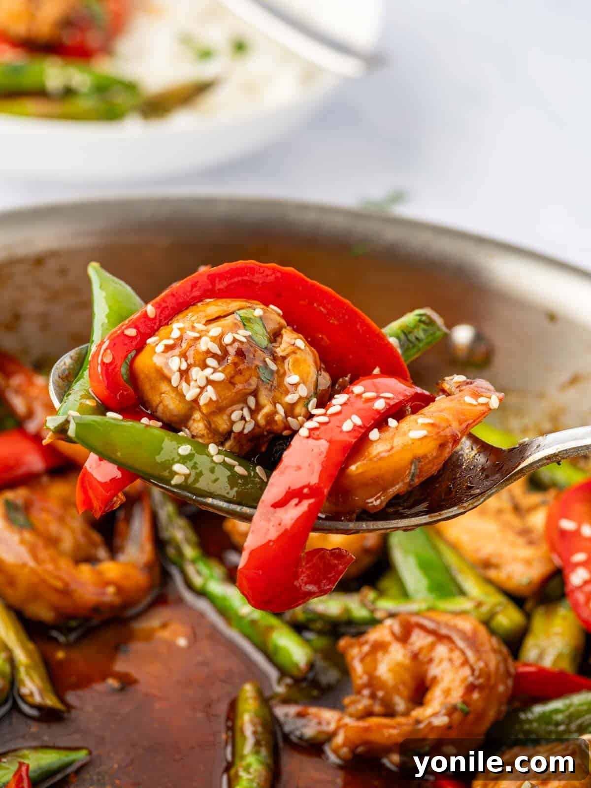 Sizzling Surf and Turf Stir-Fry 10 A close-up shot of a single serving of Chicken and Shrimp Stir Fry on a spoon, highlighting the detail of the cooked chicken, shrimp, and colorful vegetables coated in a rich, glossy sauce.