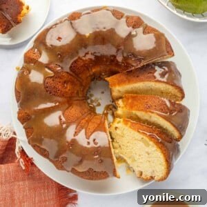 Sliced pear cake with caramel.