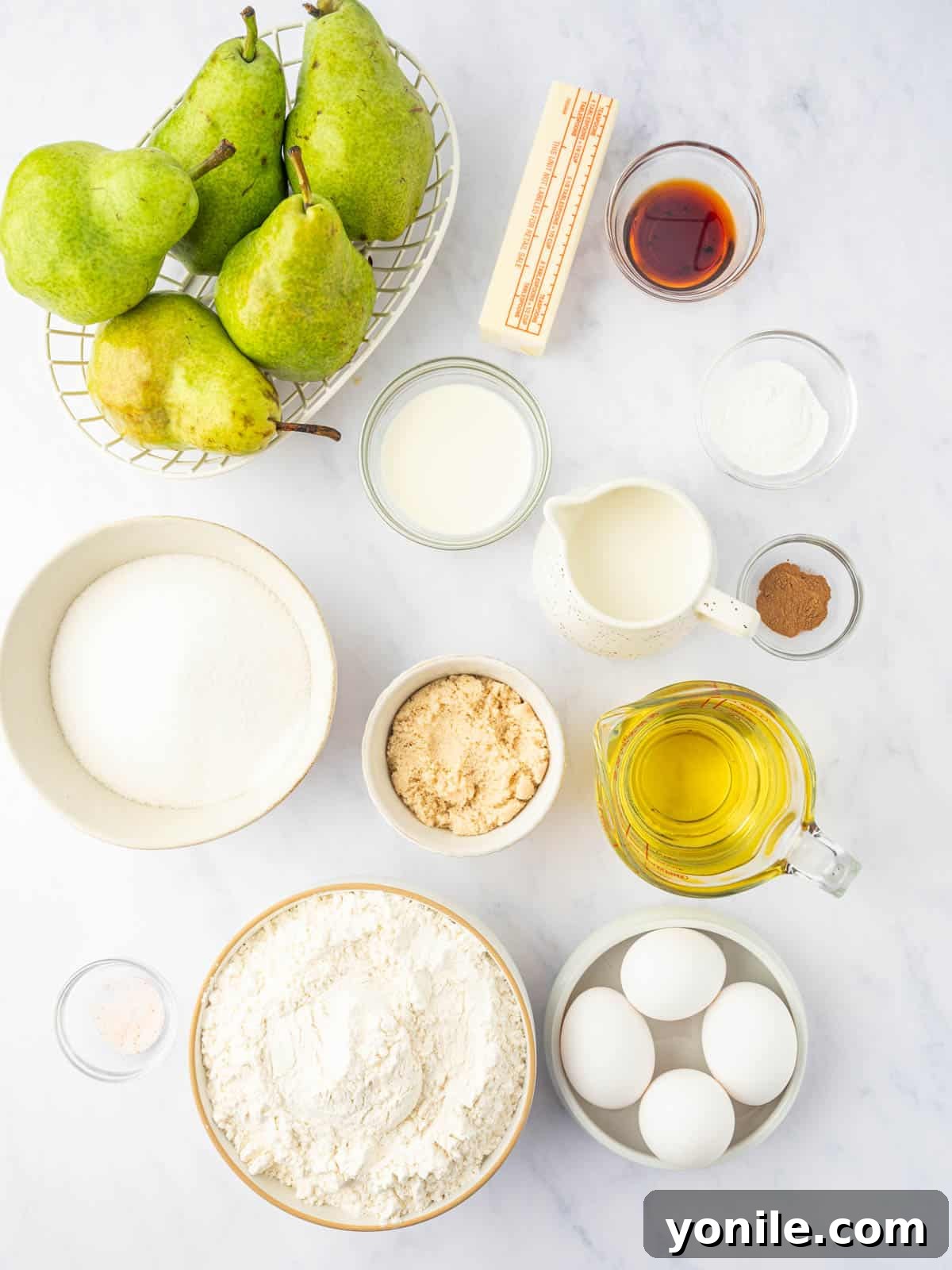 Ingredients needed for pear bundt cake.