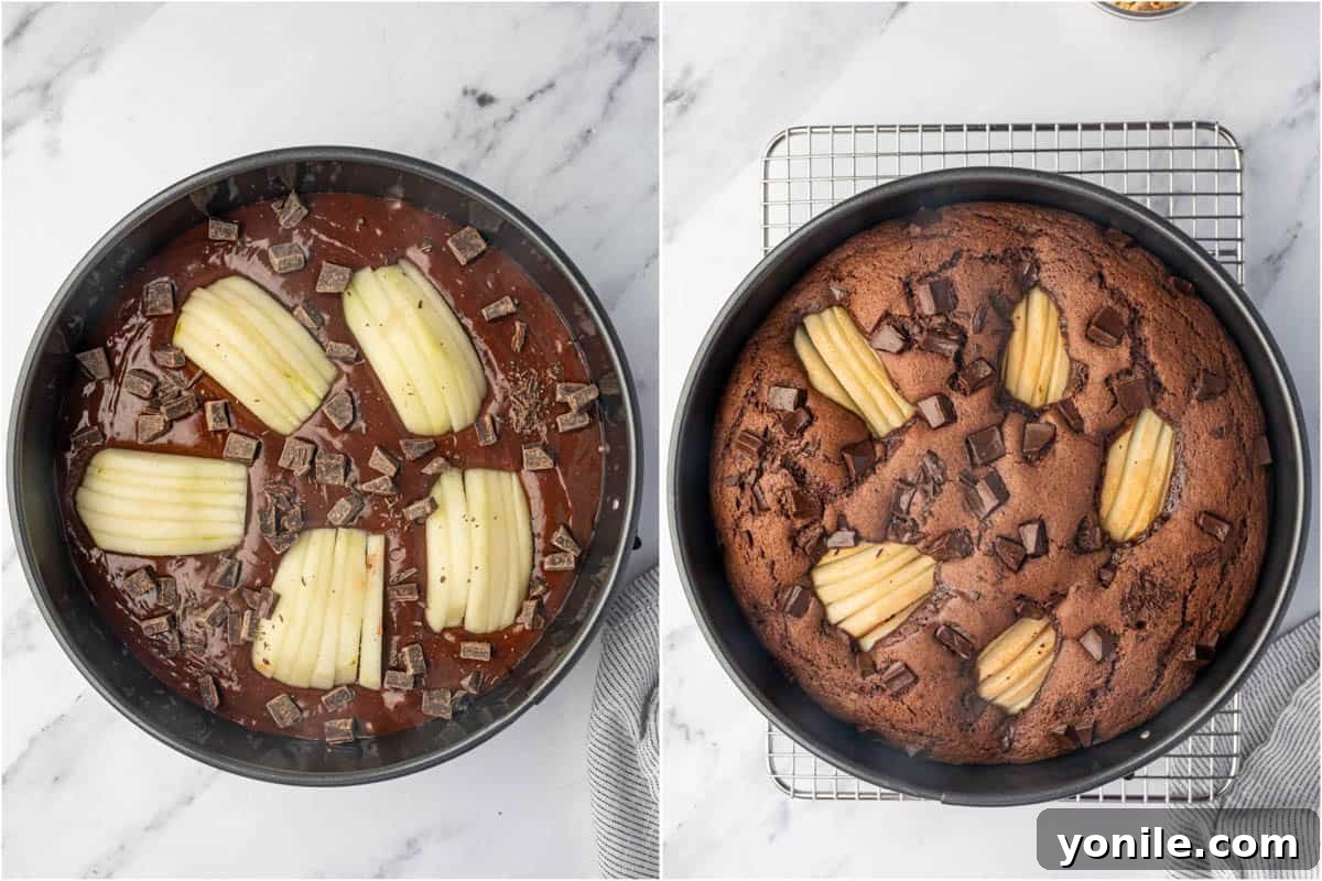 Before and after baking comparison of the pear cake in the oven.