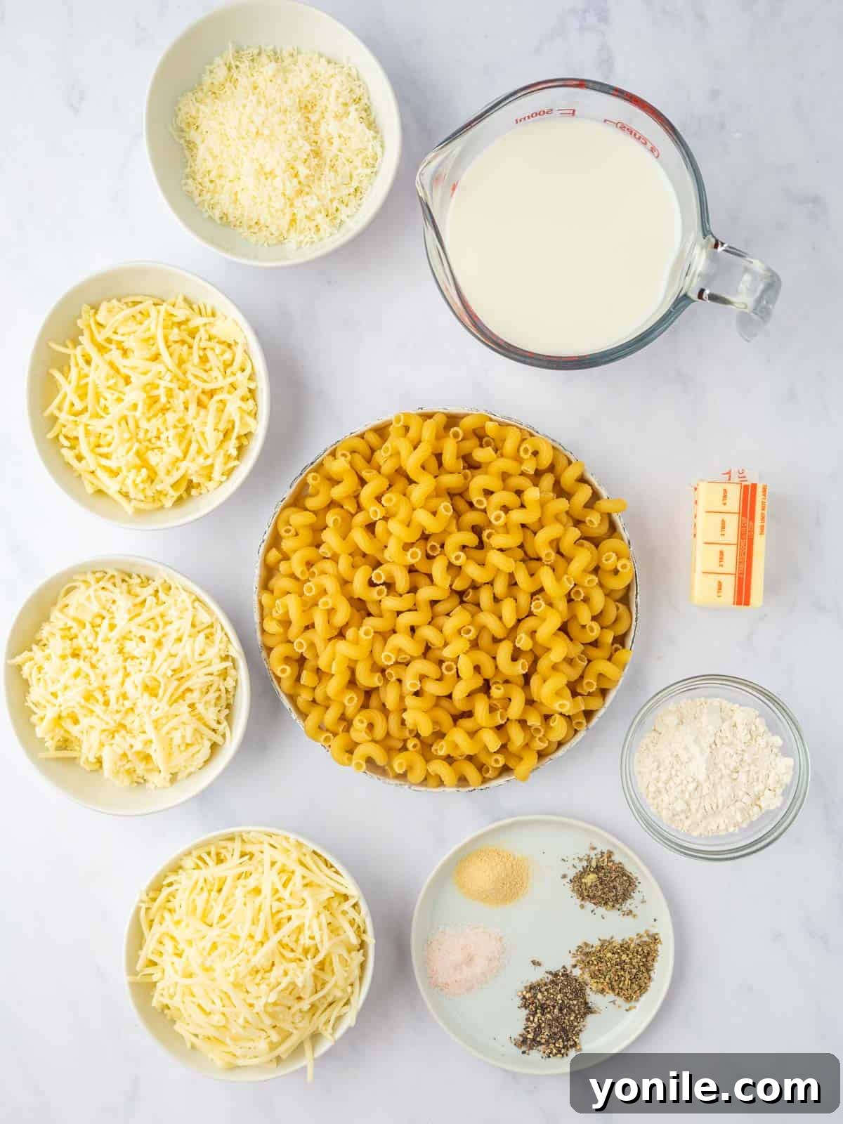 Ingredients needed for four cheese pasta.