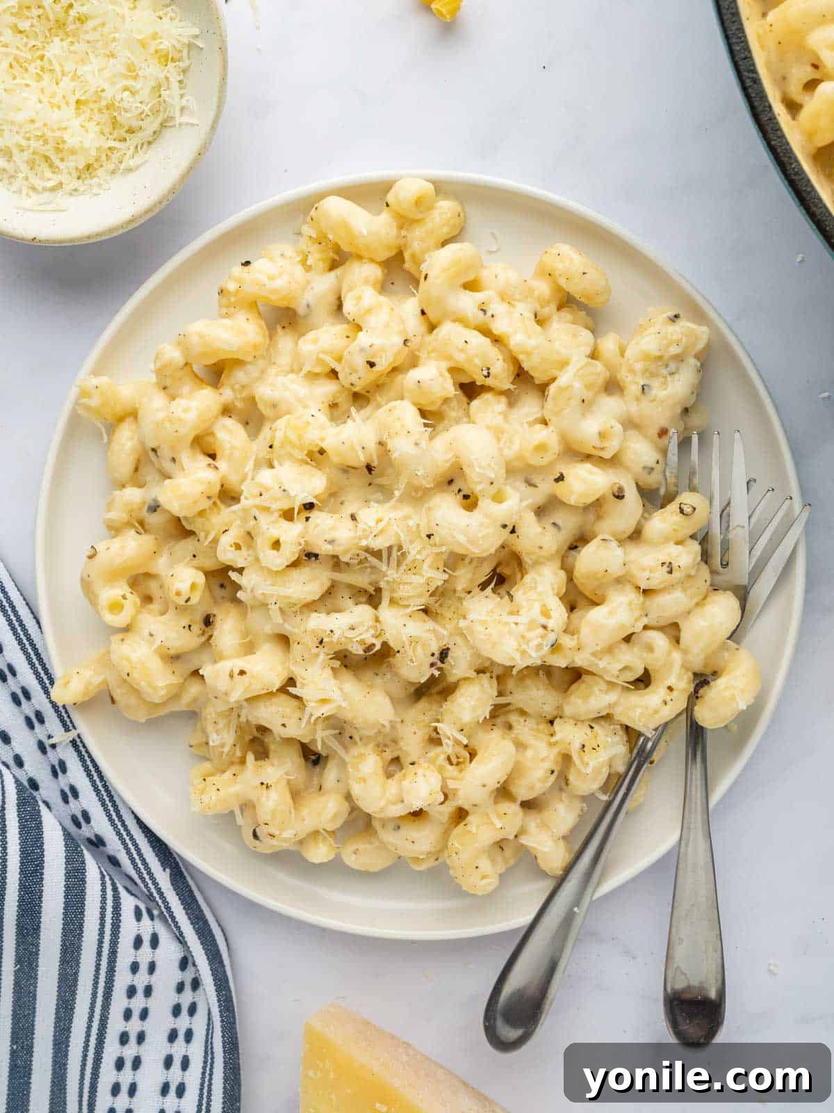 A serving of cheesy pasta on a plate.