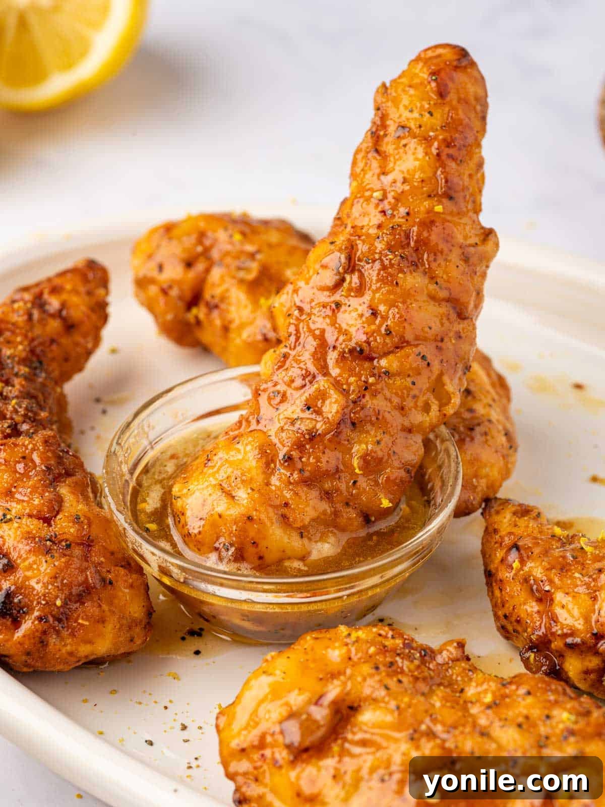 Zesty Lemon Pepper Chicken Tenders 11 A fried lemon pepper chicken strip being dipped into a small bowl of honey glaze.