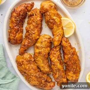 Lemon pepper chicken fingers on a platter, showcasing the golden crisp and delicious glaze.
