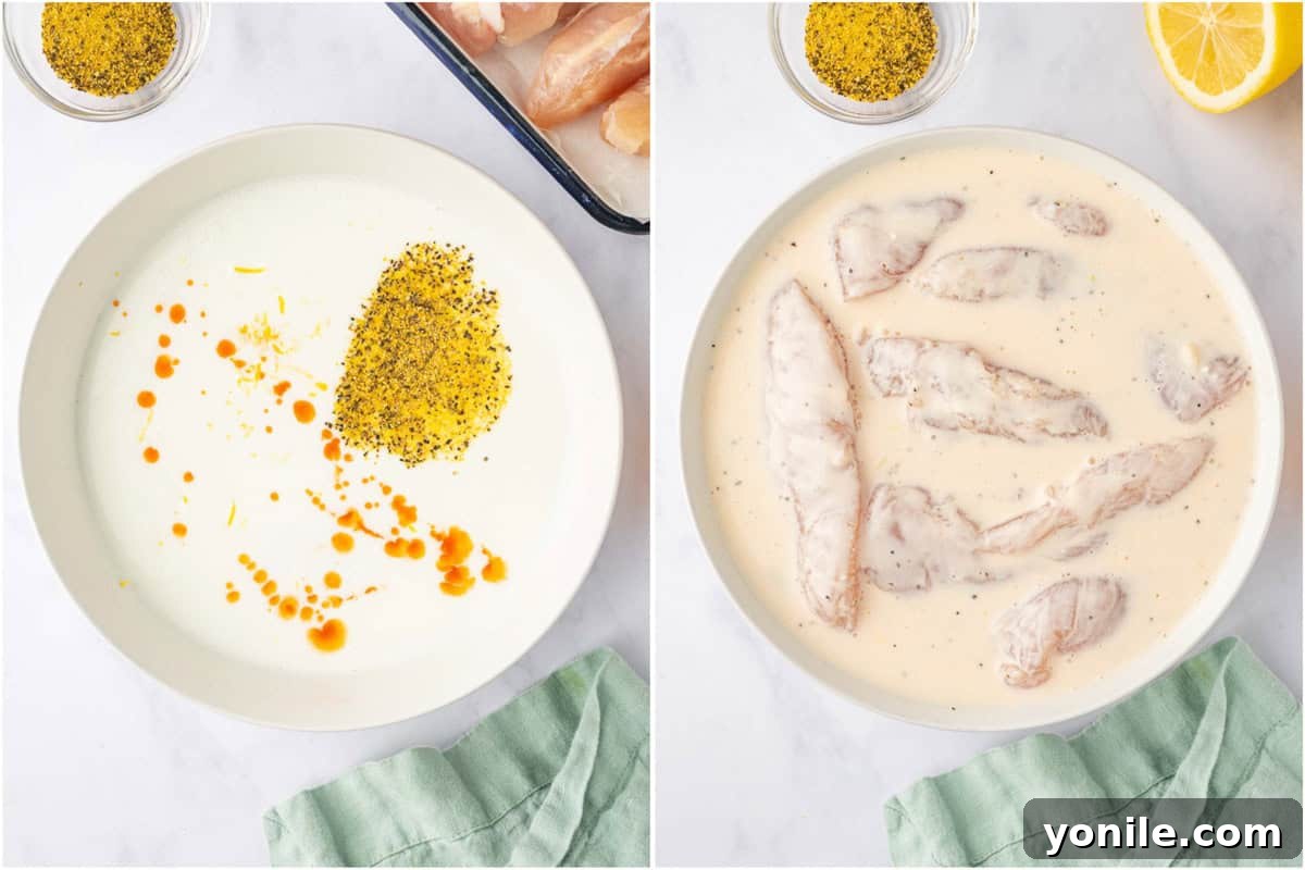 Zesty Lemon Pepper Chicken Tenders 4 Chicken tenderloins marinating in a zesty buttermilk mixture in a large glass bowl.