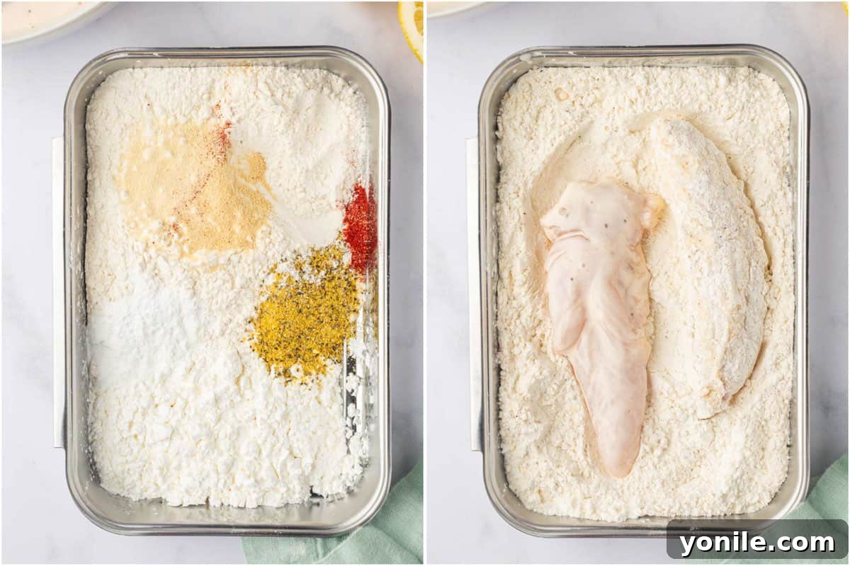 Zesty Lemon Pepper Chicken Tenders 5 A breading station set up with a bowl of marinated chicken and another bowl of seasoned flour mixture.