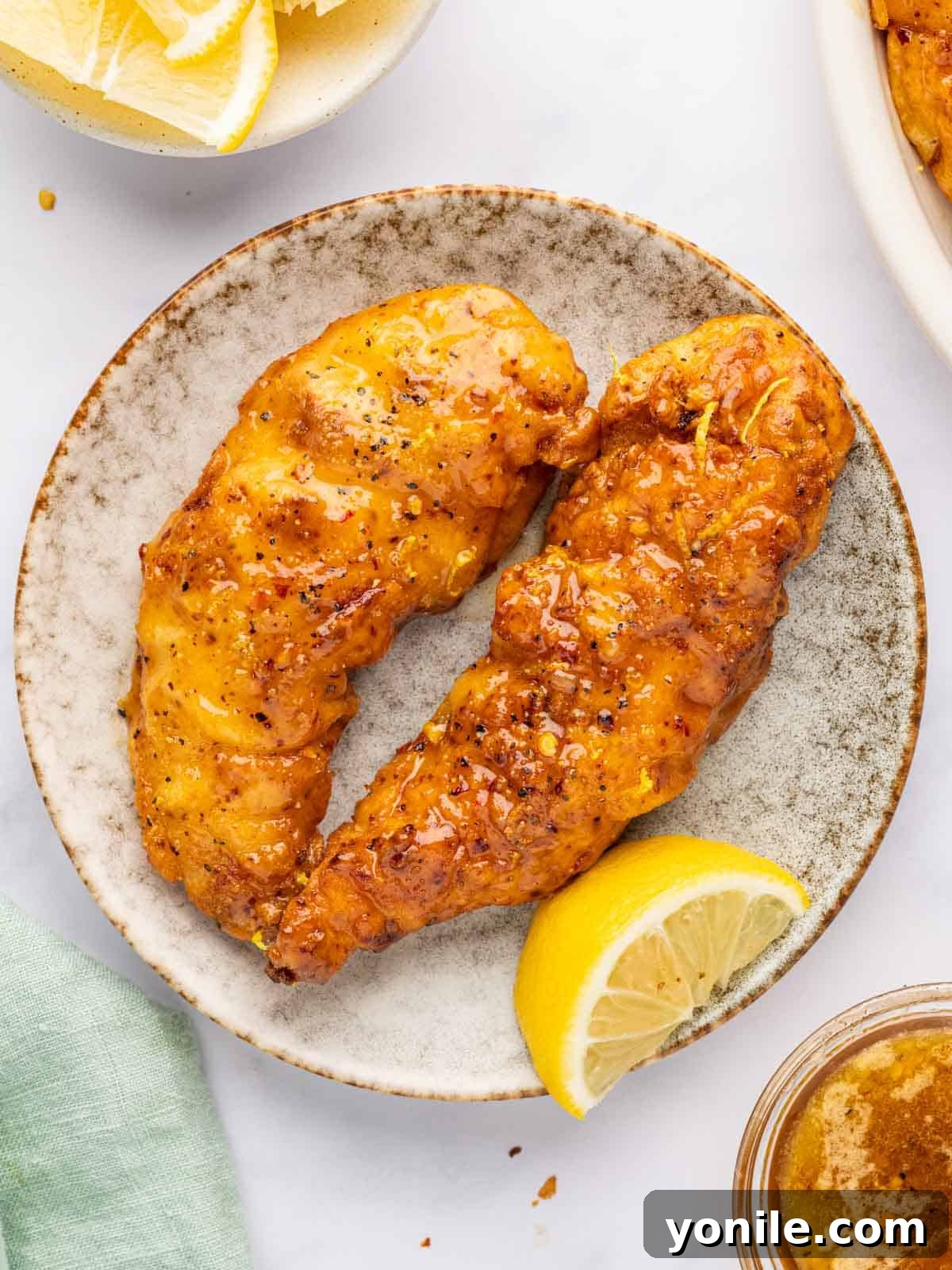 Zesty Lemon Pepper Chicken Tenders 10 Close-up of glazed lemon pepper chicken strips piled high on a serving platter, ready to be enjoyed.