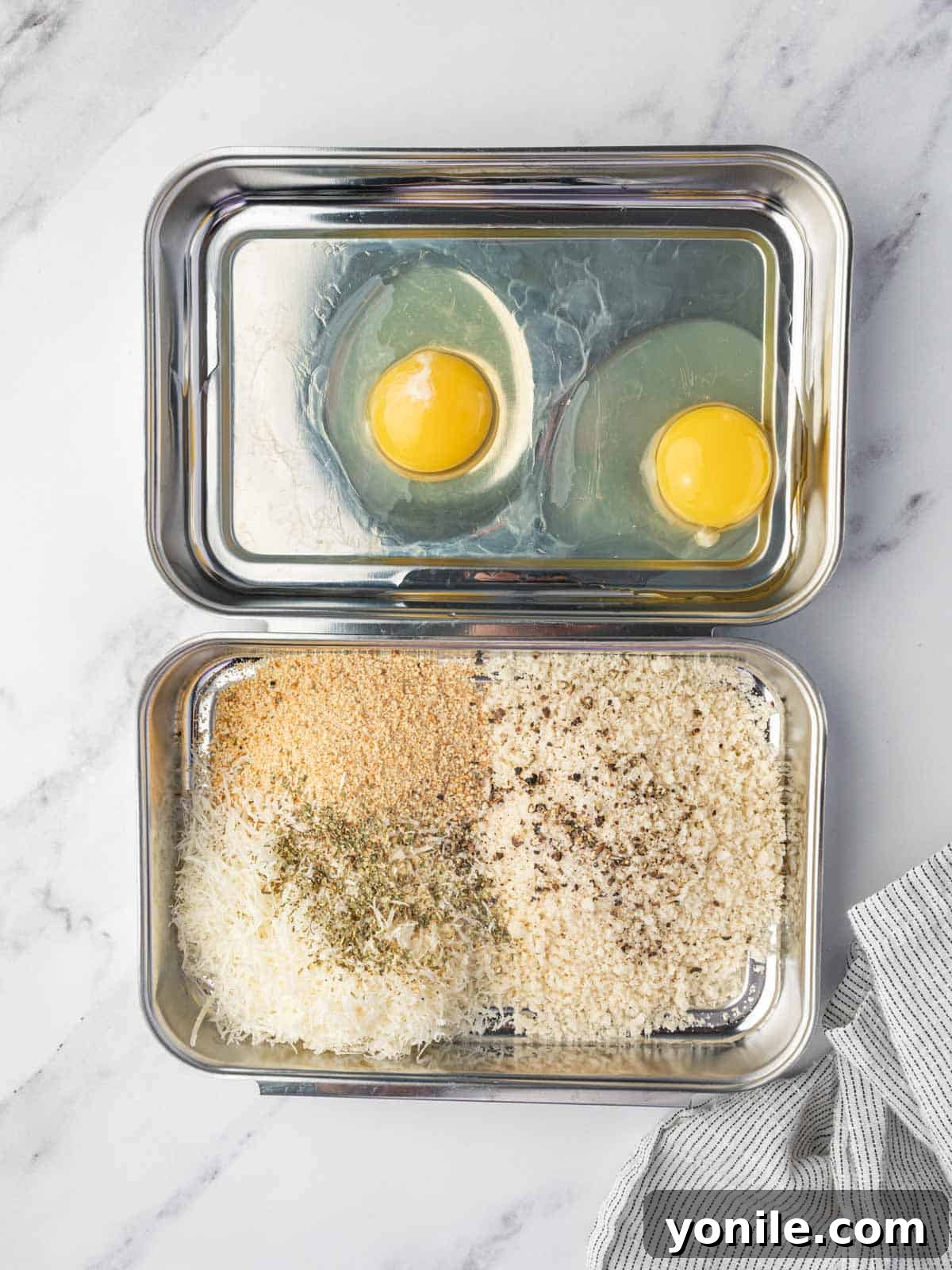 Crispy Air Fryer Ravioli 4 Egg wash and breading stations for making fried ravioli coating.