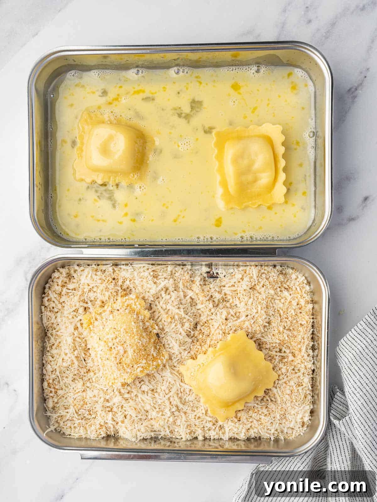Crispy Air Fryer Ravioli 5 Process for coating ravioli with breading.