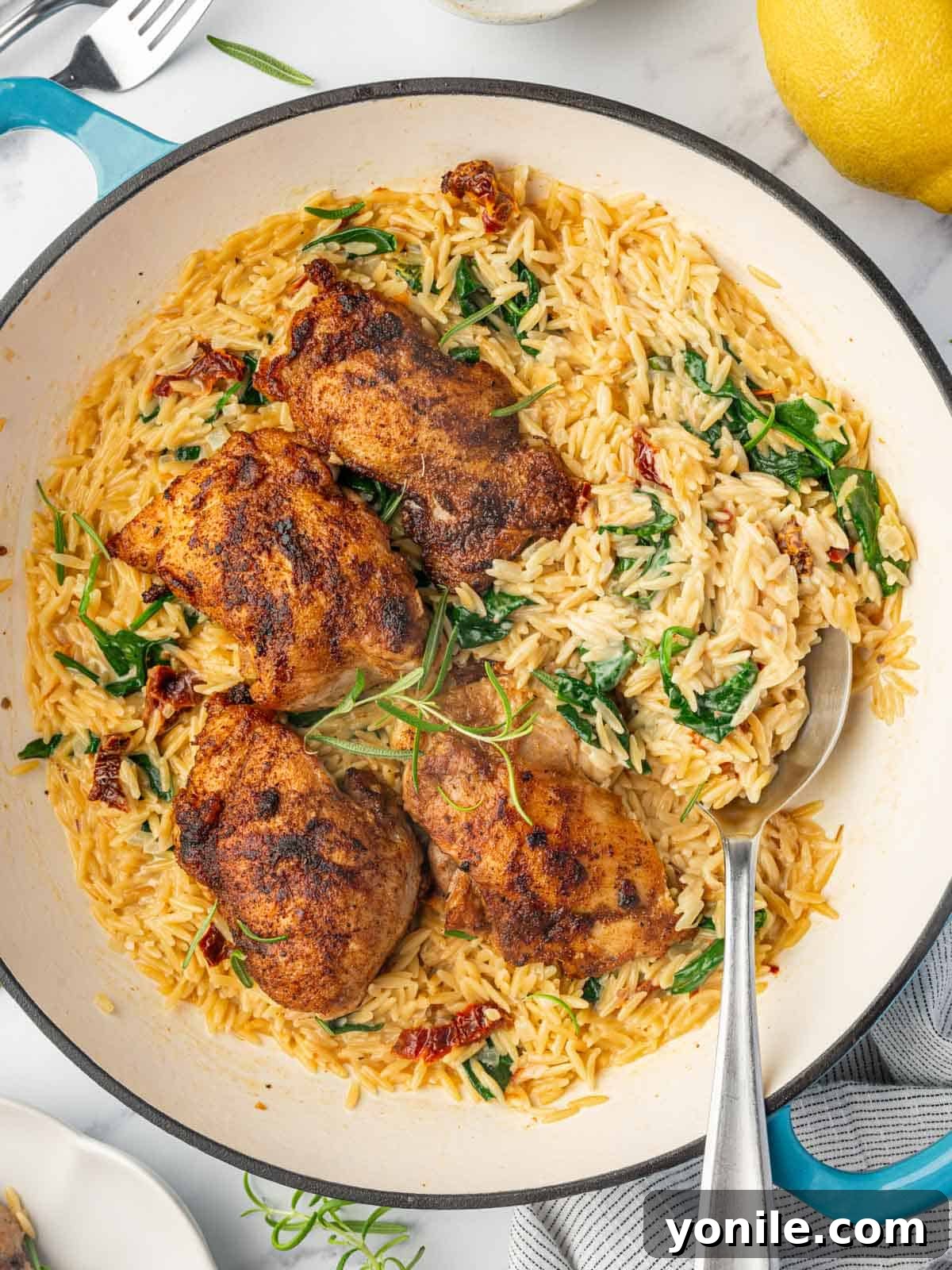 A vibrant platter of creamy Cajun chicken orzo pasta, garnished with fresh herbs, ready to be served.