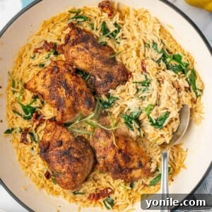 A platter of Cajun chicken with creamy orzo pasta, ready to be served.