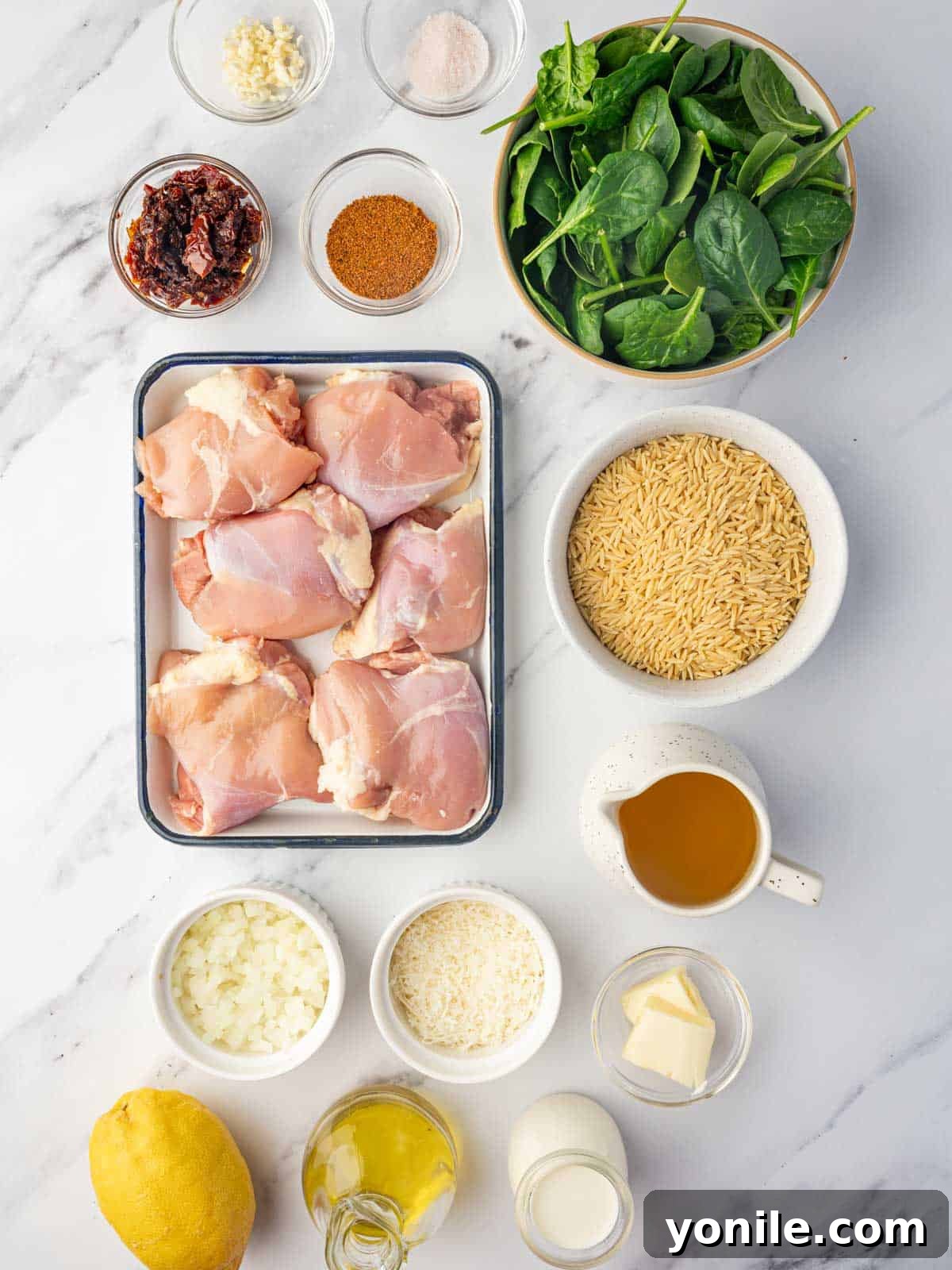 A flat lay photograph showcasing all the fresh ingredients needed to prepare Cajun chicken orzo, including chicken, spices, vegetables, and cream.