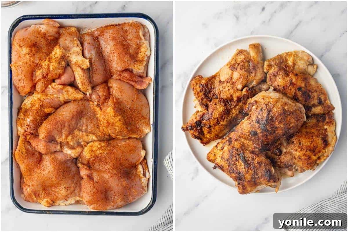 Marinated chicken thighs being grilled to perfection with Cajun seasoning.