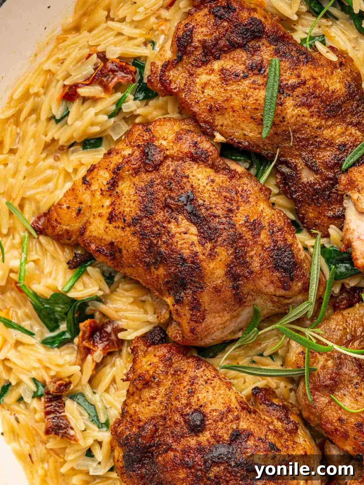 A close-up view of succulent Cajun chicken thighs served alongside creamy orzo pasta, ready to eat.