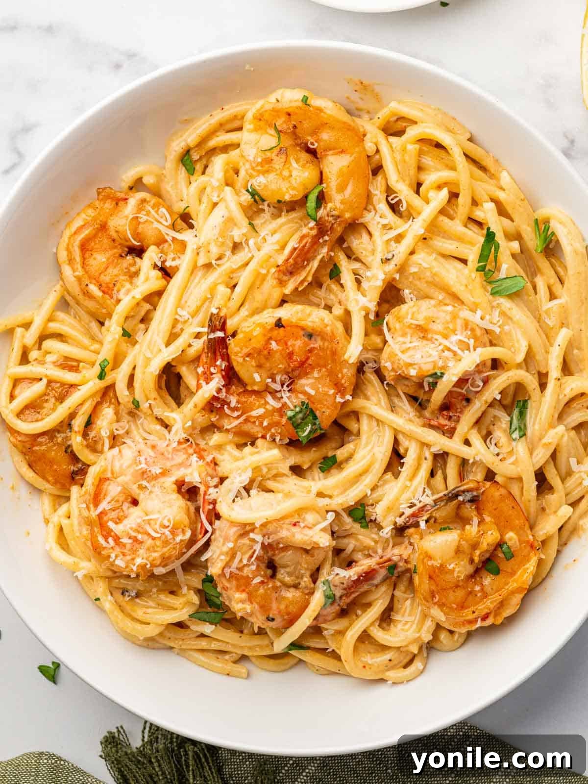 Fiery Cajun Shrimp Scampi with Linguine 10 A serving of pasta and cajun shrimp on a plate, garnished with parsley.