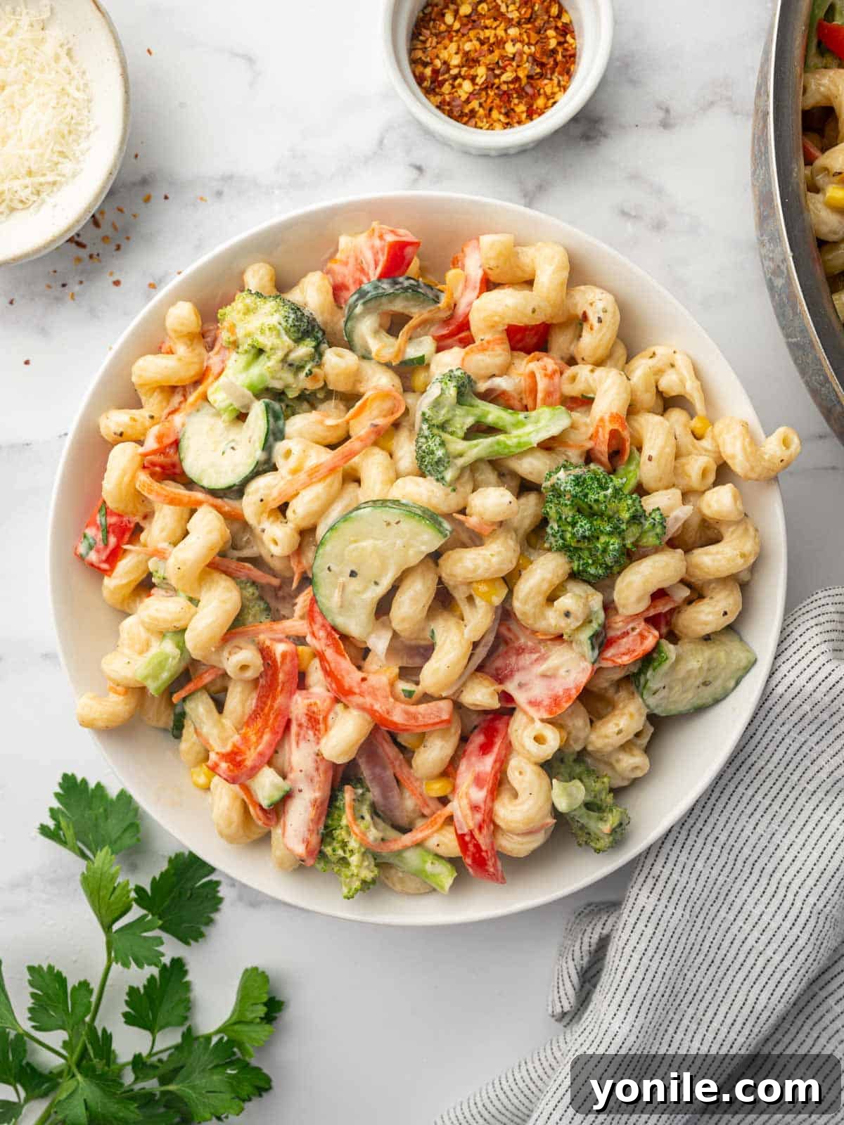 A plate of creamy veggie pasta, perfectly cooked and garnished.