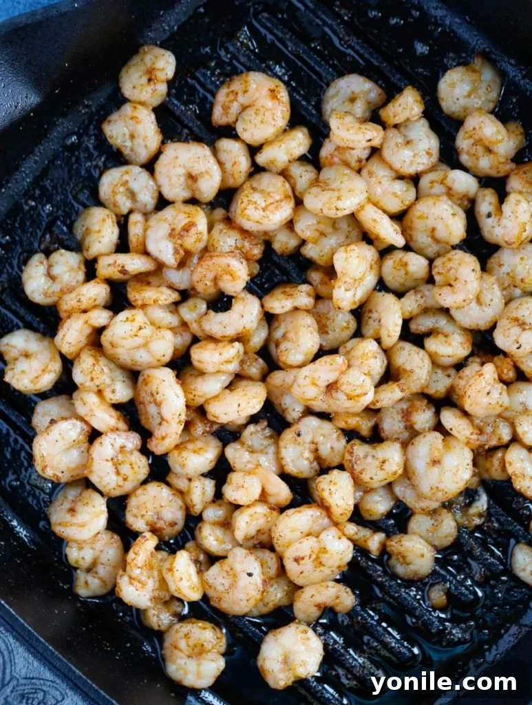 Pan-seared baby shrimp for Southwest Shrimp Quinoa Salad