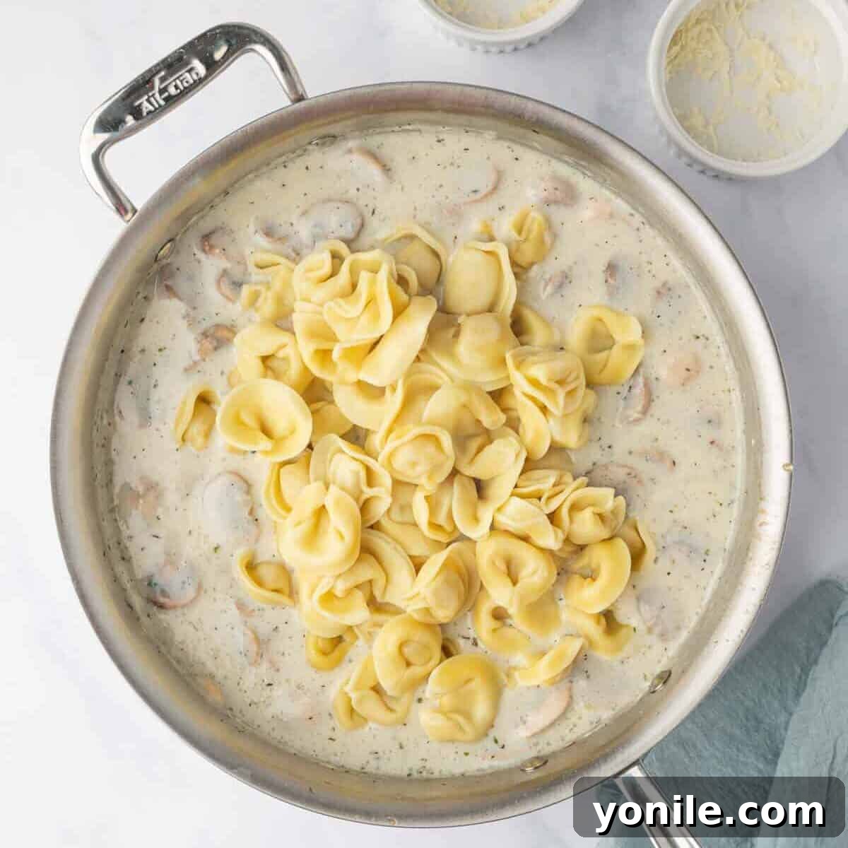 Creamy Cheese Tortellini Alfredo 8 Cooked cheese tortellini being tossed thoroughly with the creamy Alfredo sauce and sautéed mushrooms in a large skillet.