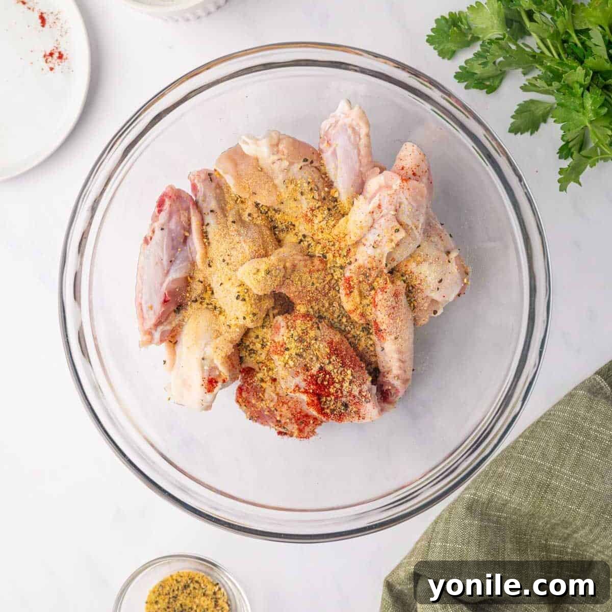 Chicken wings being tossed in a bowl with lemon pepper seasoning and other dry spices.