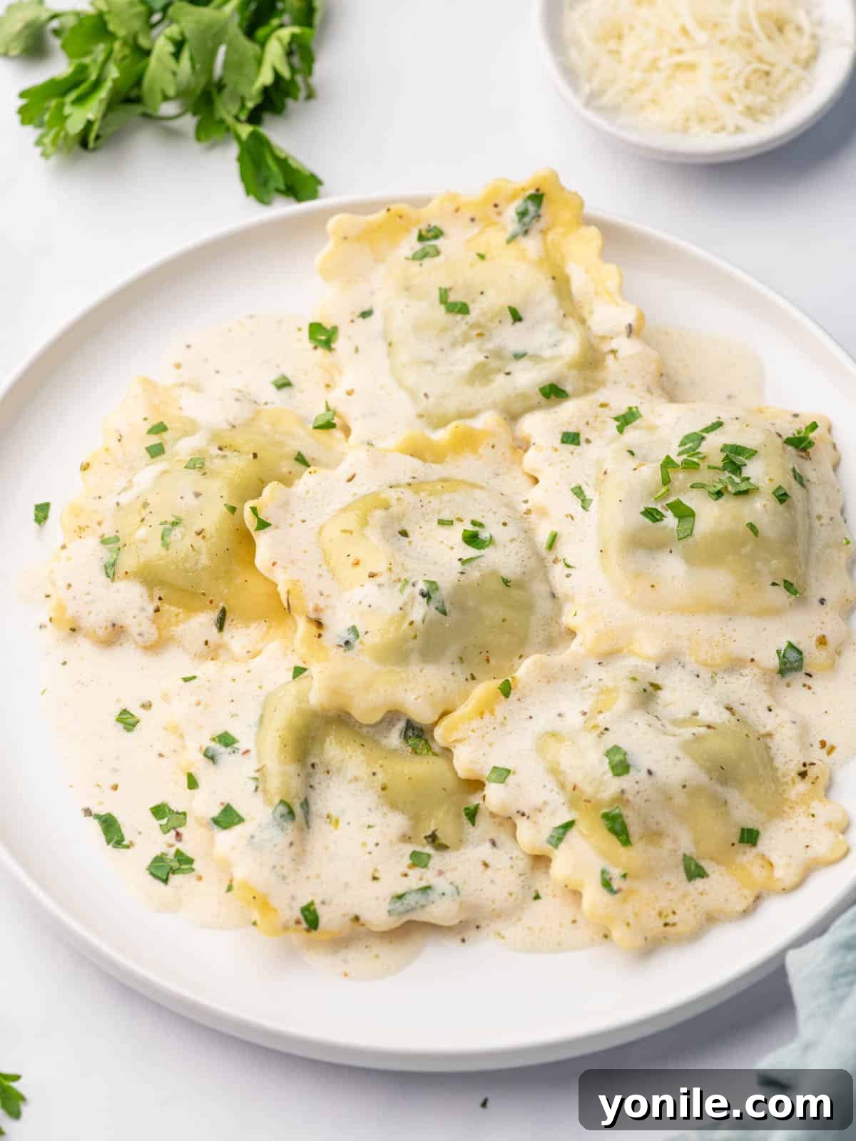 Close up of spinach and ricotta ravioli.
