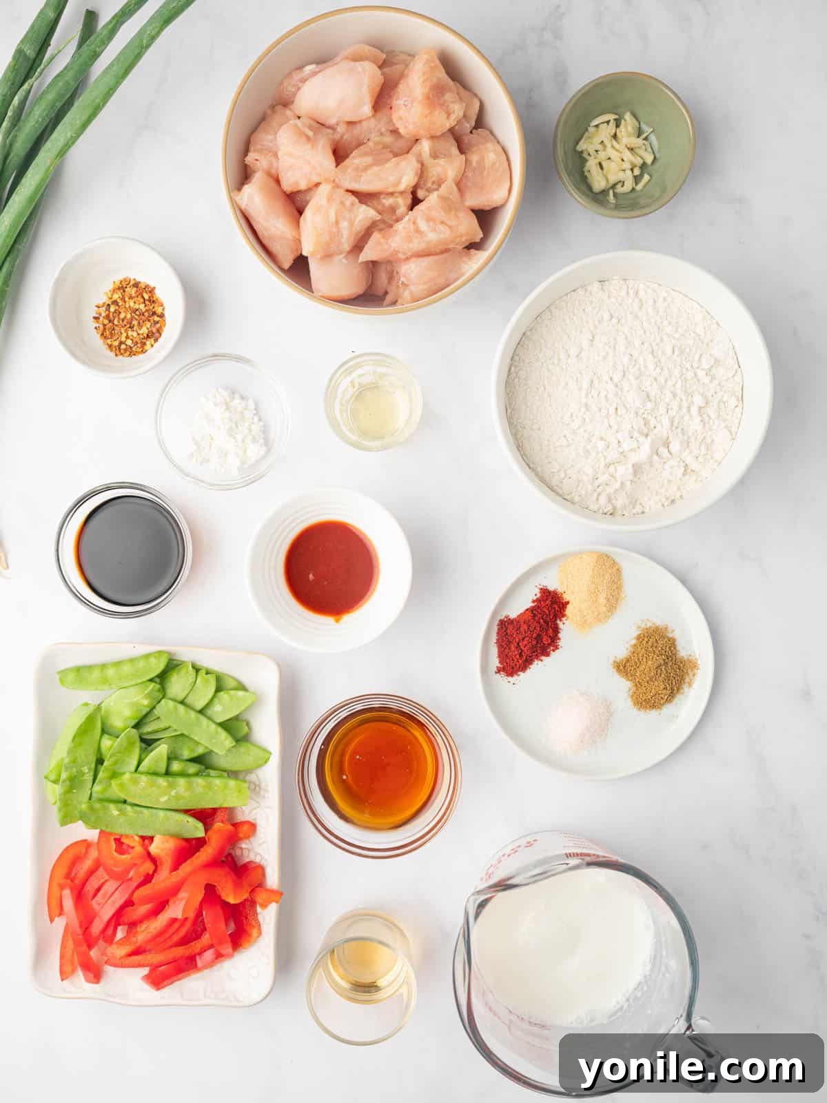 Ingredients needed for crispy honey chili chicken.