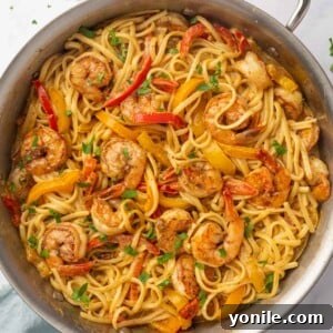 Jamaican Shrimp Rasta Pasta in a skillet.