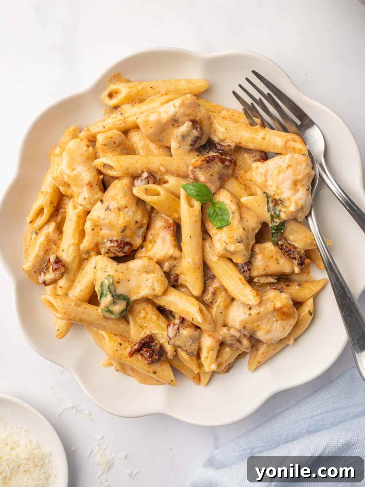 Proposal Chicken Pasta 11 A close-up of a plate filled with creamy penne pasta and chicken, garnished with fresh basil.