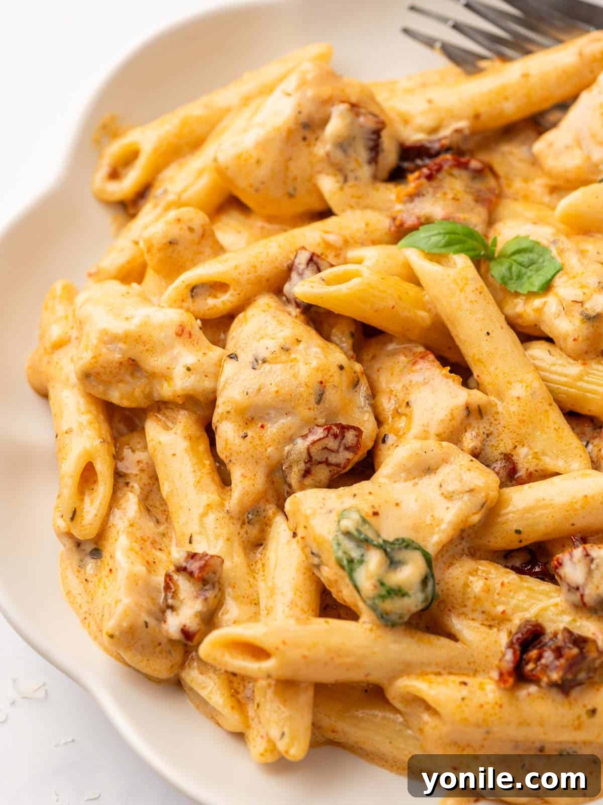 Proposal Chicken Pasta 12 A super close-up shot of Marry Me Chicken Pasta, highlighting the creamy sauce and sun-dried tomatoes.