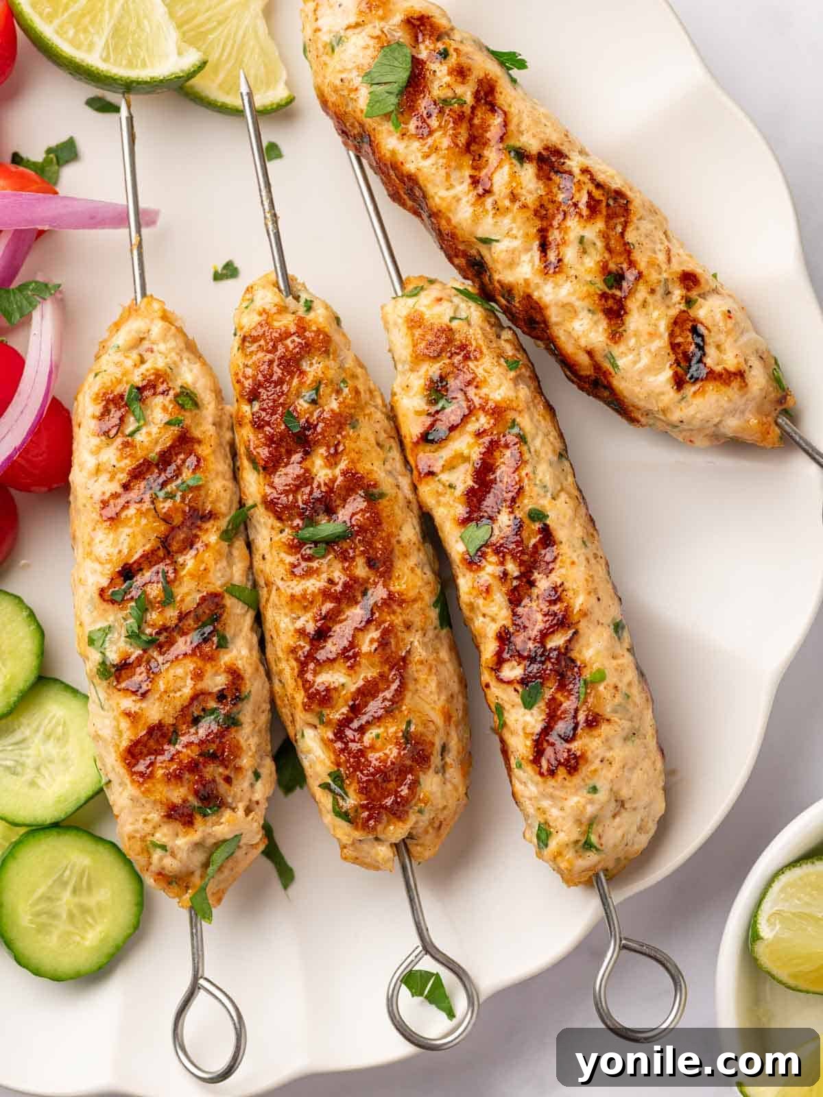 Flavorful Chicken Kofta Skewers 8 A close-up view of perfectly grilled chicken kofta skewers, showcasing the beautiful char marks and juicy texture, garnished with fresh herbs.