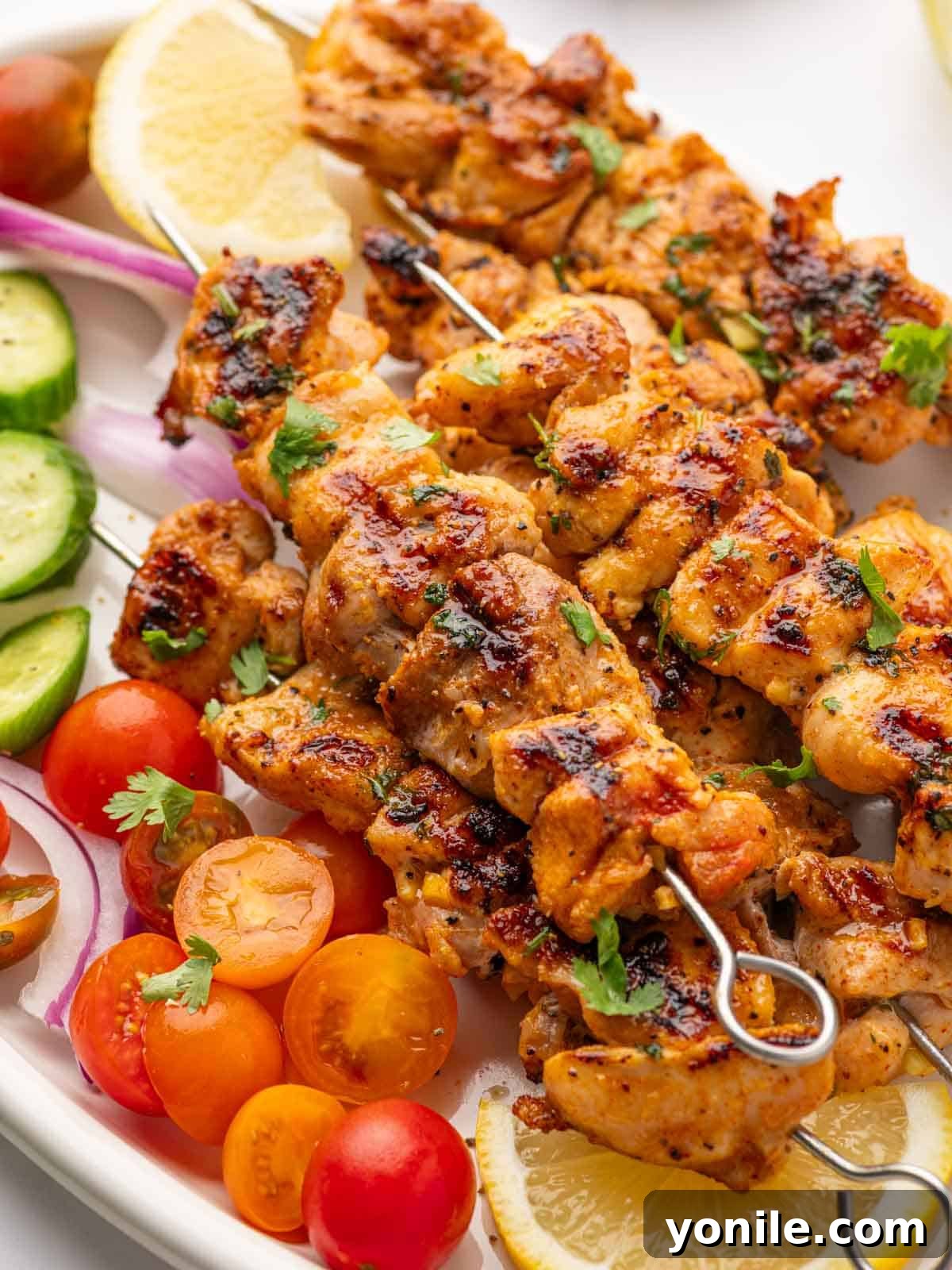 A close-up view of succulent lemon pepper chicken thighs on a platter, highlighting the delicious glaze and perfect grill marks.