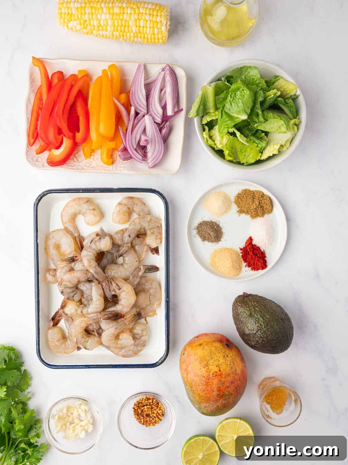 A vibrant display of fresh ingredients for mango shrimp salad, including ripe mango, raw shrimp, bell peppers, cilantro, lime, and various seasonings.