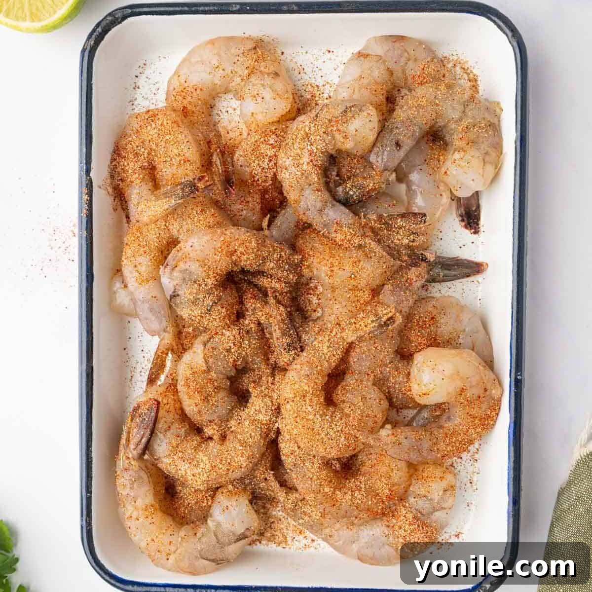 Raw shrimp seasoned with spices, ready for grilling, laid out on a platter.