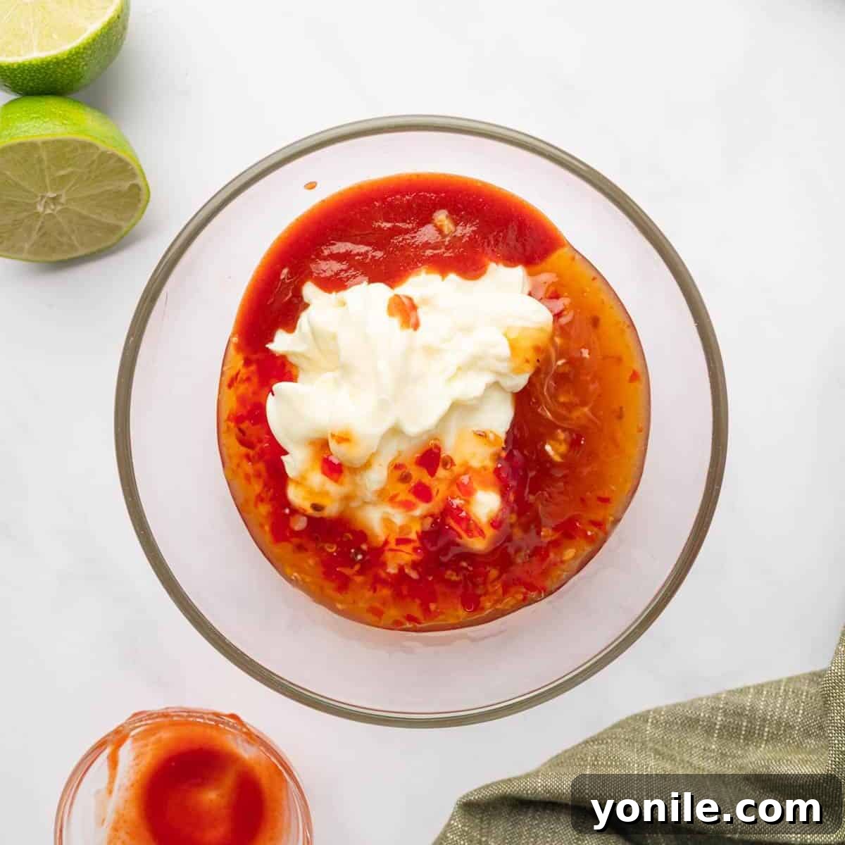 Mixing ingredients in a bowl to create the creamy Bang Bang sauce.