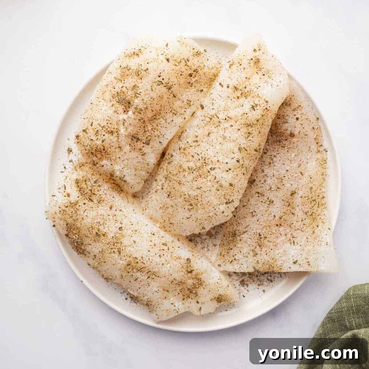 Sun-Kissed Mediterranean Cod 4 Seasoned cod fillets arranged on a plate.