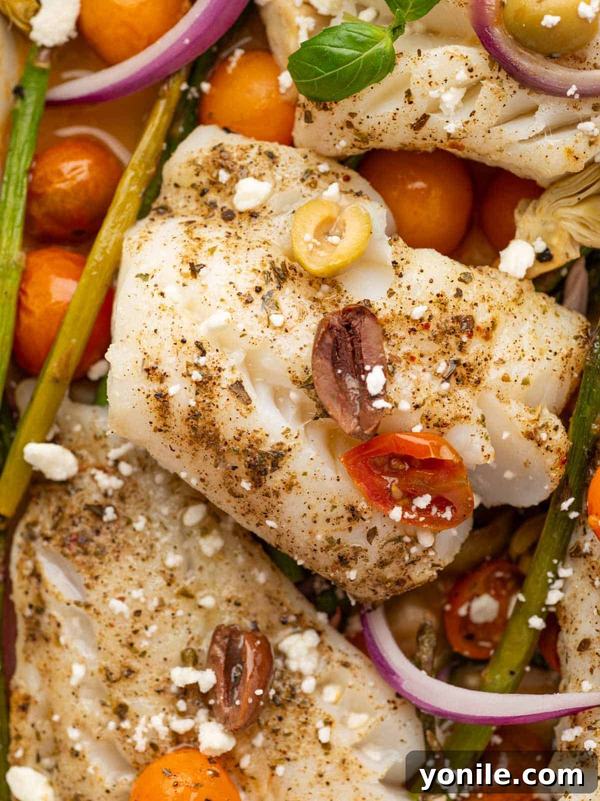 Sun-Kissed Mediterranean Cod 8 Close-up of a single portion of Mediterranean cod, flaky and moist, served with roasted vegetables.