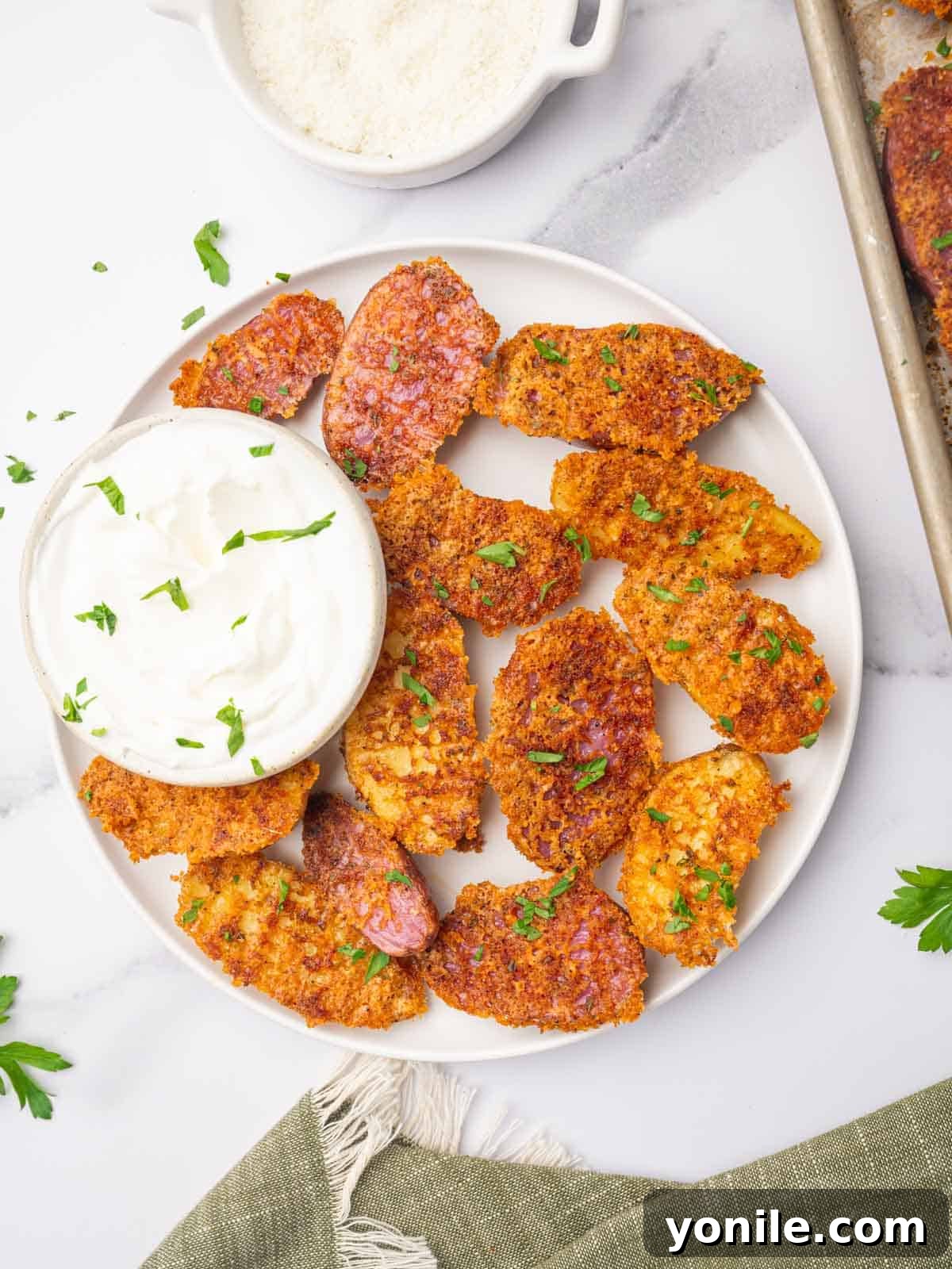 A beautifully plated serving of cheesy roasted fingerling potatoes, garnished with fresh parsley, with a small bowl of creamy dip on the side.
