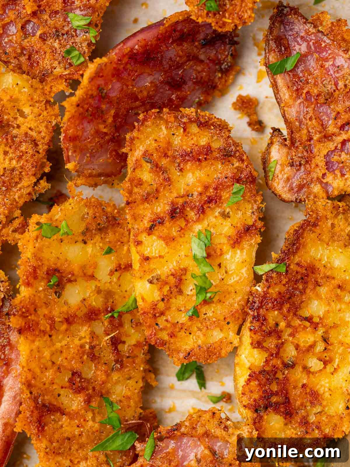 A mouth-watering close-up of cheesy crusted fingerling potatoes, garnished with vibrant green parsley, highlighting their golden-brown crispness.