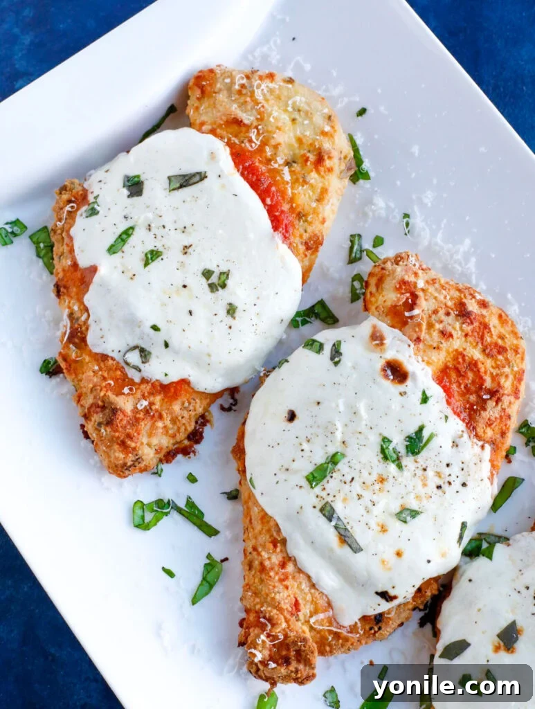 Overhead shot of Baked chicken parm with cheese and basil topping